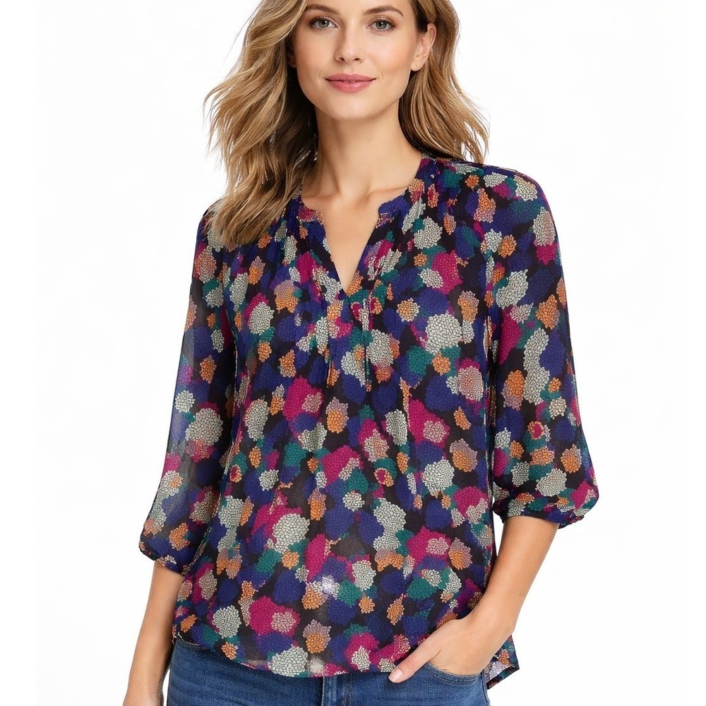H&M Women's Abstract Print Blouse Size 4 Sheer‎ 3/4 Sleeve Multi-Color